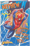 Marvel Spiderman nephew birthday greeting card featuring Spiderman illustration, suitable for celebrating a young superhero fan.