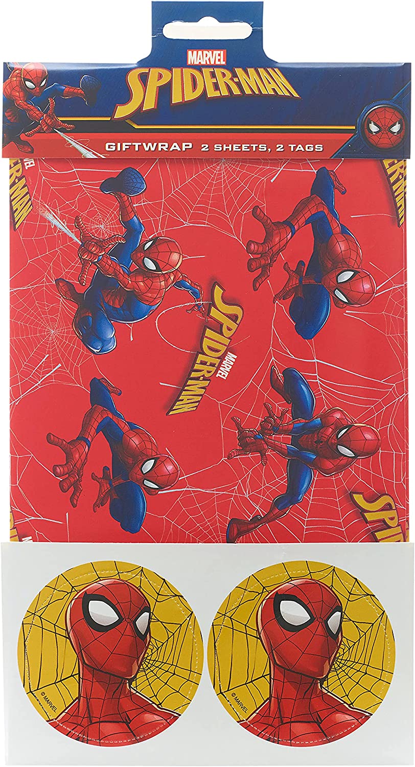 Marvel Spiderman wrapping paper and greeting card set with 2 sheets and 2 tags featuring colorful Spiderman graphics for special occasions.