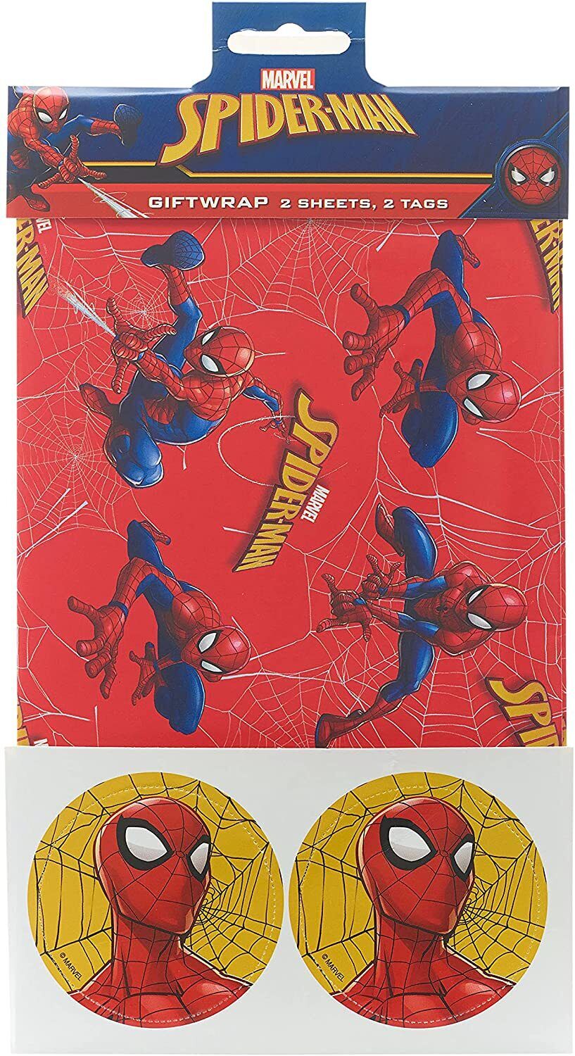 Marvel Spider-Man-themed wrapping paper with two sheets and two tags, perfect for greeting cards and gift wrapping.