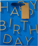 Medium blue UK Greetings gift bag with birthday lettering and decorative design, perfect for presents and celebrations.