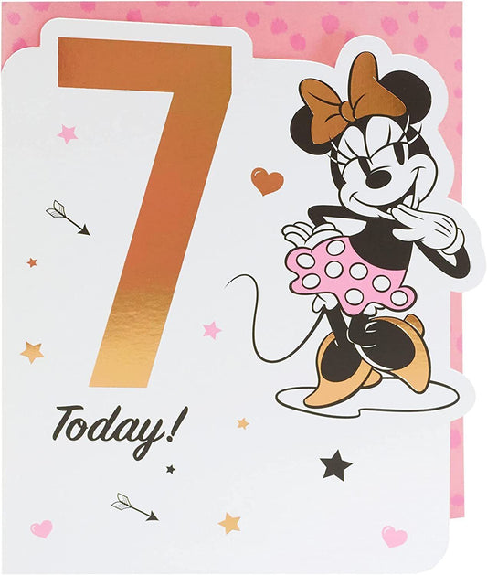 Colorful Minnie Mouse 7th girl birthday greeting card featuring cheerful Minnie illustration and playful design.