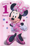 Pink Minnie Mouse first birthday greeting card by UK Greetings featuring a cheerful Minnie illustration for a special celebration.