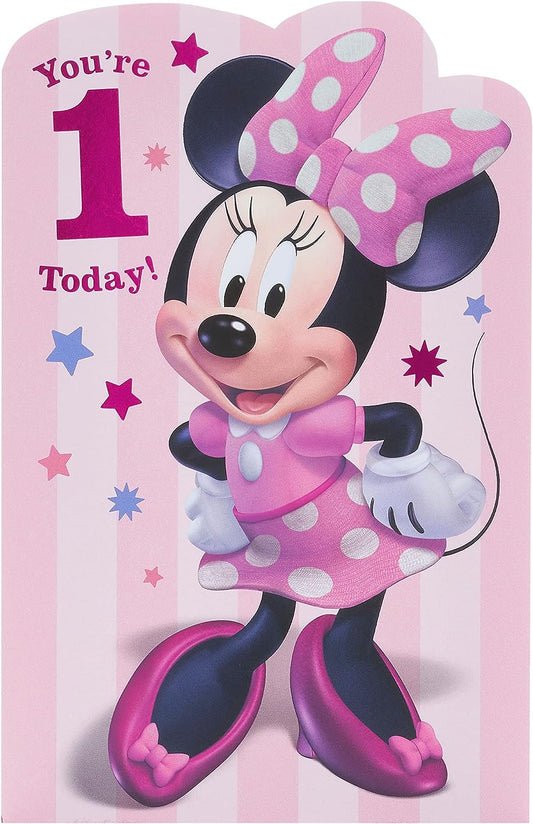 Pink Minnie Mouse first birthday greeting card from UK Greetings featuring cheerful birthday design and playful character illustration.