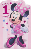 Pink Minnie Mouse first birthday greeting card from UK Greetings featuring cheerful birthday design and playful character illustration.