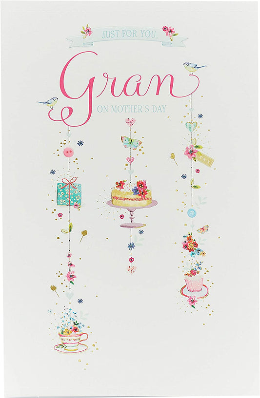 UK Greetings Mother's Day greeting card featuring a heartfelt message from a grandchild, decorated with floral and colorful design.
