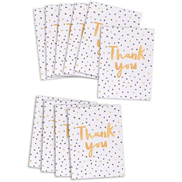 Set of 10 black and gold spotty thank you greeting cards by UK Greetings, featuring elegant and stylish designs.