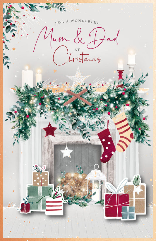 UK Greetings Mum and Dad fireplace Christmas greeting card with festive design for holiday wishes.