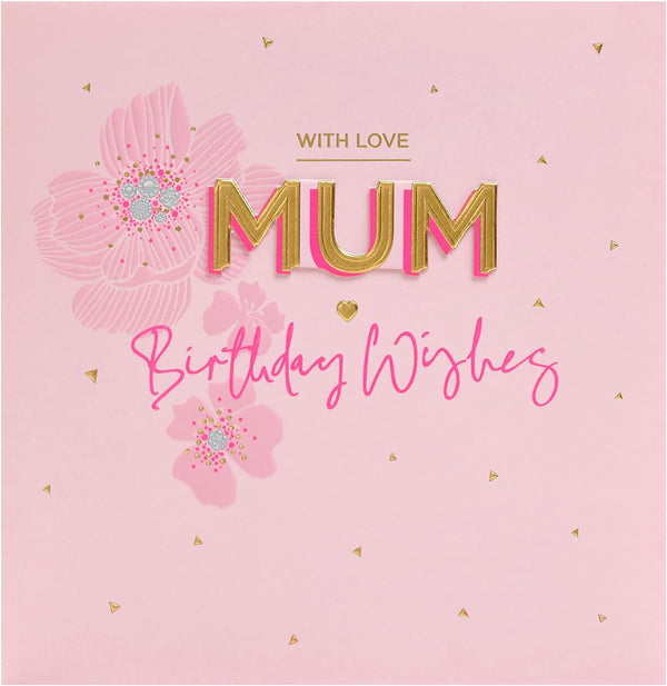 Pink floral birthday greeting card for mum with envelope from UK Greetings, featuring a delicate flower design.
