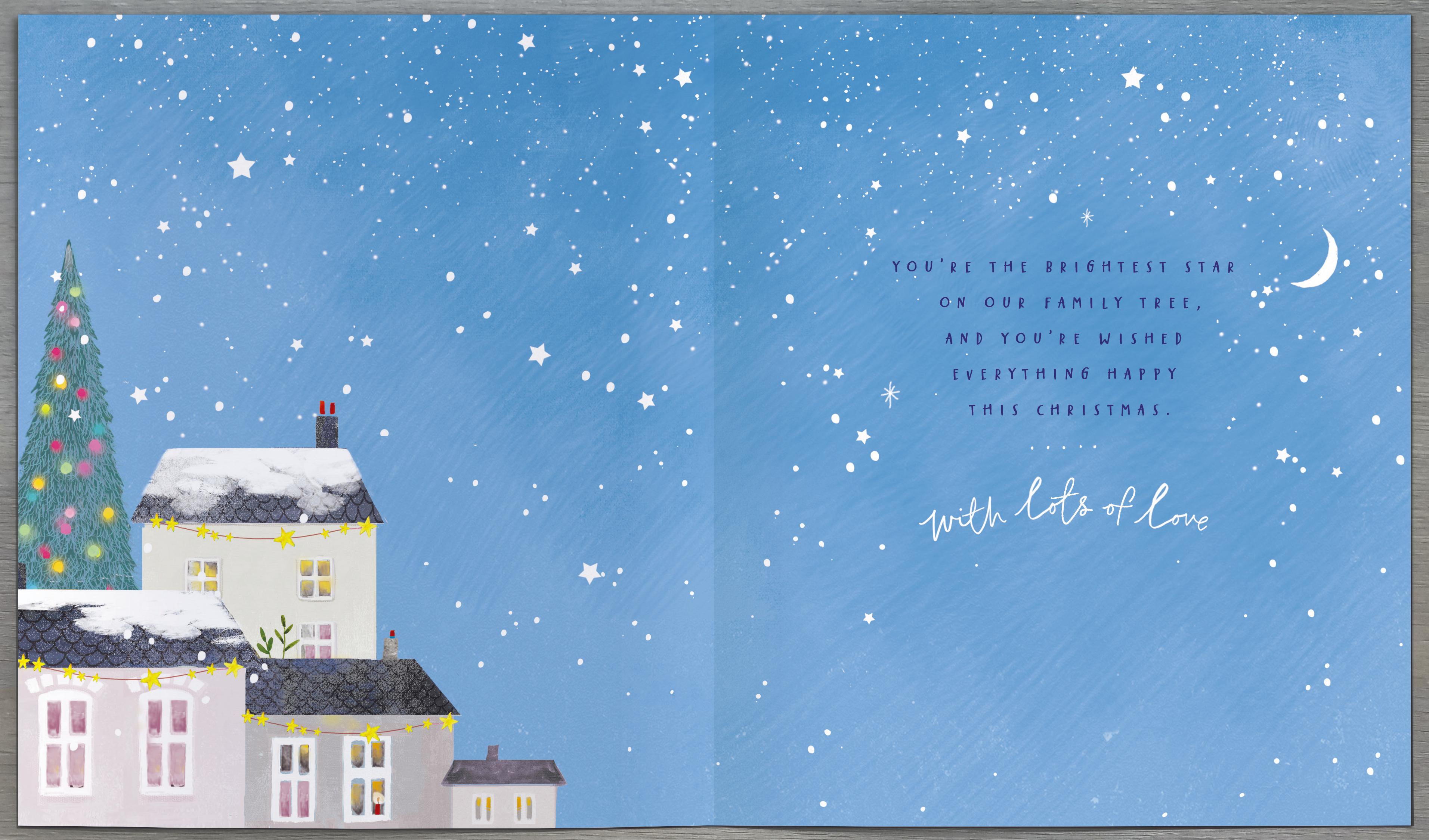 Christmas greeting card featuring festive tree and houses design by UK Greetings, perfect for holiday wishes.
