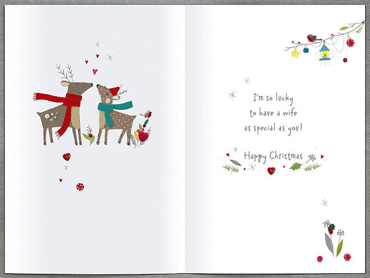 Heart-shaped Christmas greeting card from UK Greetings titled "My Wonderful Wife Button Box," featuring festive love design.