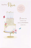 Personalized Nan birthday greeting card with nice verse, available for 40th to 90th age, UK Greetings brand, featuring colorful design.