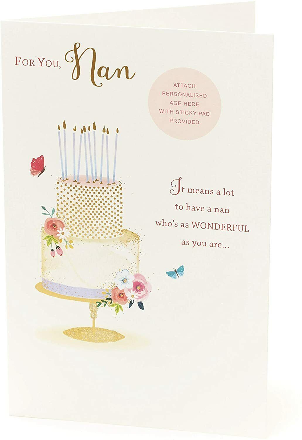 Personalized Nan birthday greeting card with a heartfelt verse, available for 40th to 90th age, featuring UK Greetings branding.