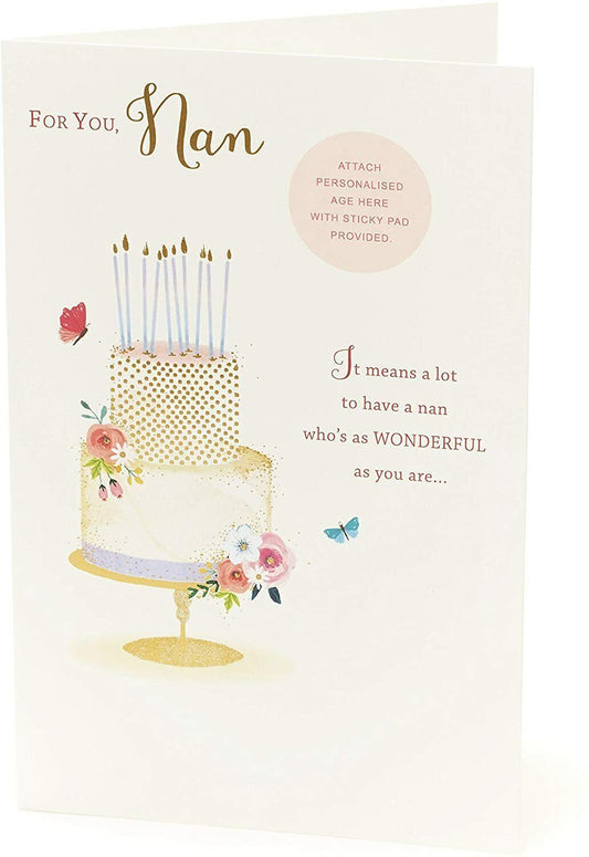 Personalized Nan birthday greeting card with a heartfelt verse, available for 40th to 90th age, featuring UK Greetings branding.