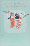 Festive Nan and Grandad Christmas card with colorful stockings design, UK Greetings greeting card for the holiday season.