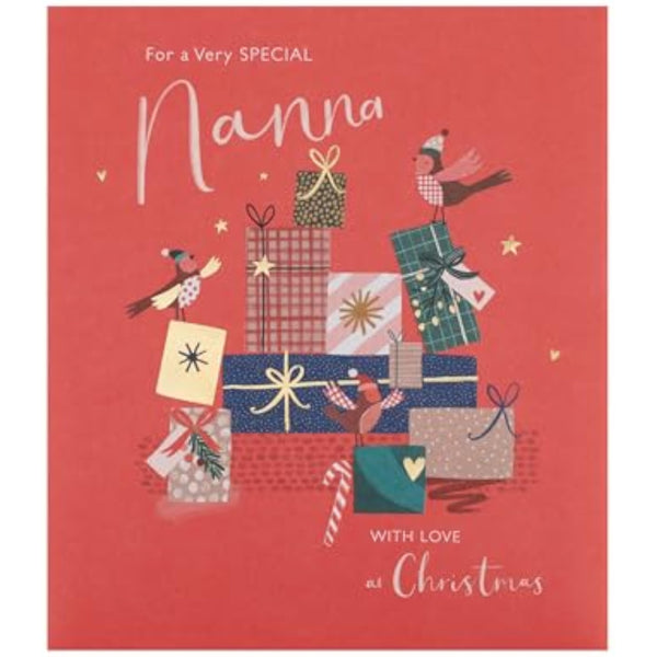 Festive Nanna’s Magical Christmas greeting card with presents and gold wishes, UK Greetings holiday greeting card featuring colorful holiday imagery.
