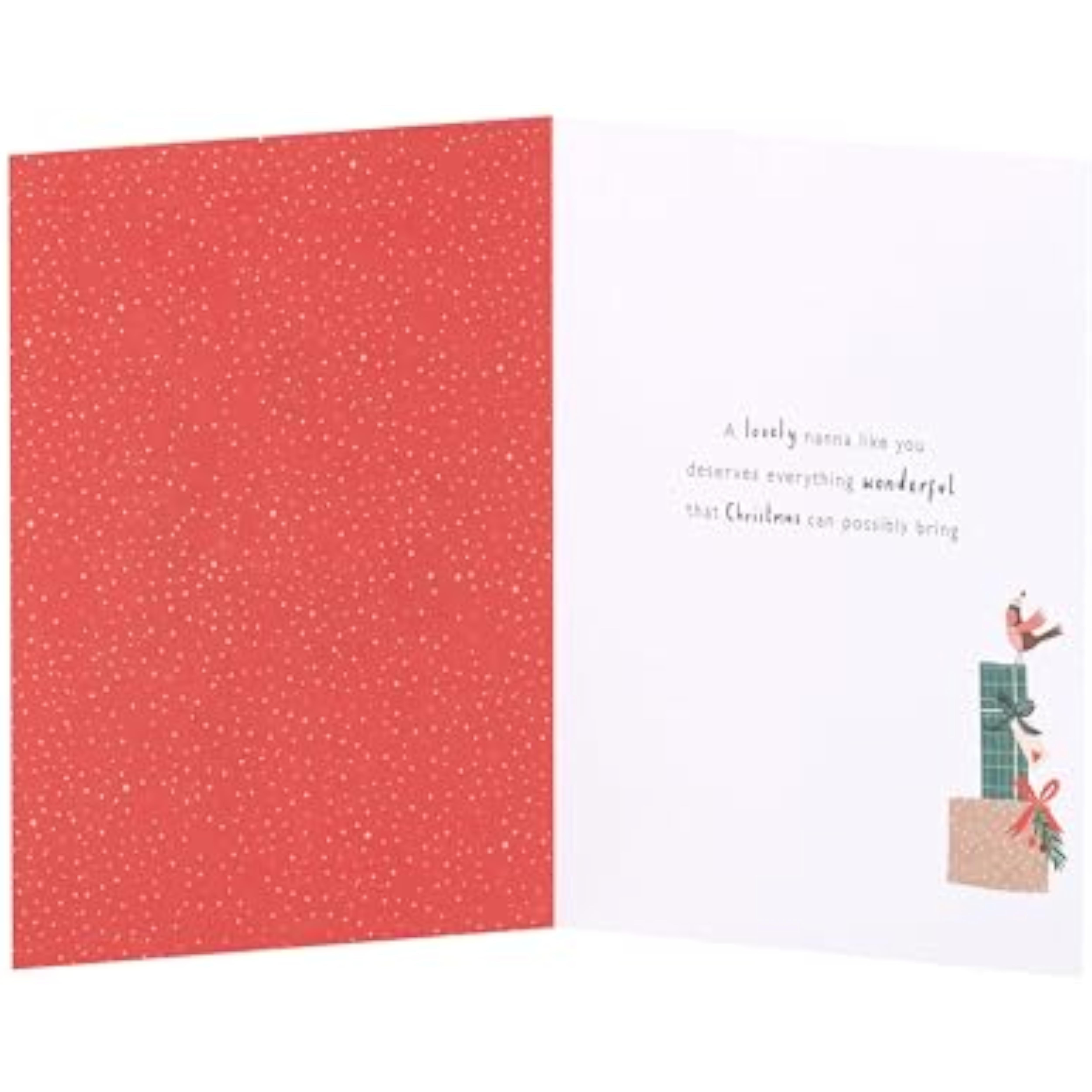 Nanna’s Magical Christmas greeting card featuring presents and gold wishes, UK Greetings holiday greeting card with festive design.