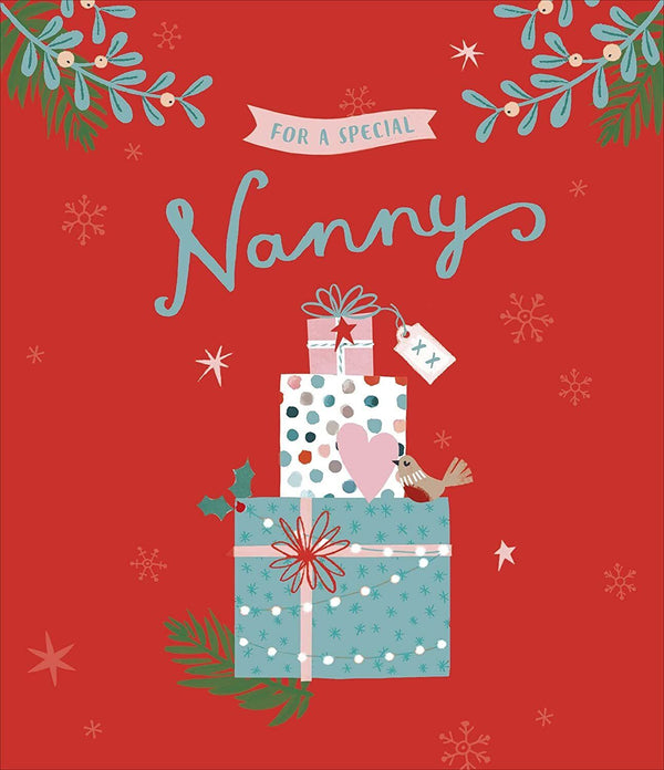 Elegant Nanny Christmas greeting card with foiled love design from UK Greetings, featuring festive holiday imagery.