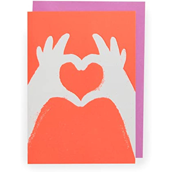 Neon heart hands birthday greeting card by UK Greetings featuring vibrant pink and blue neon hand designs.