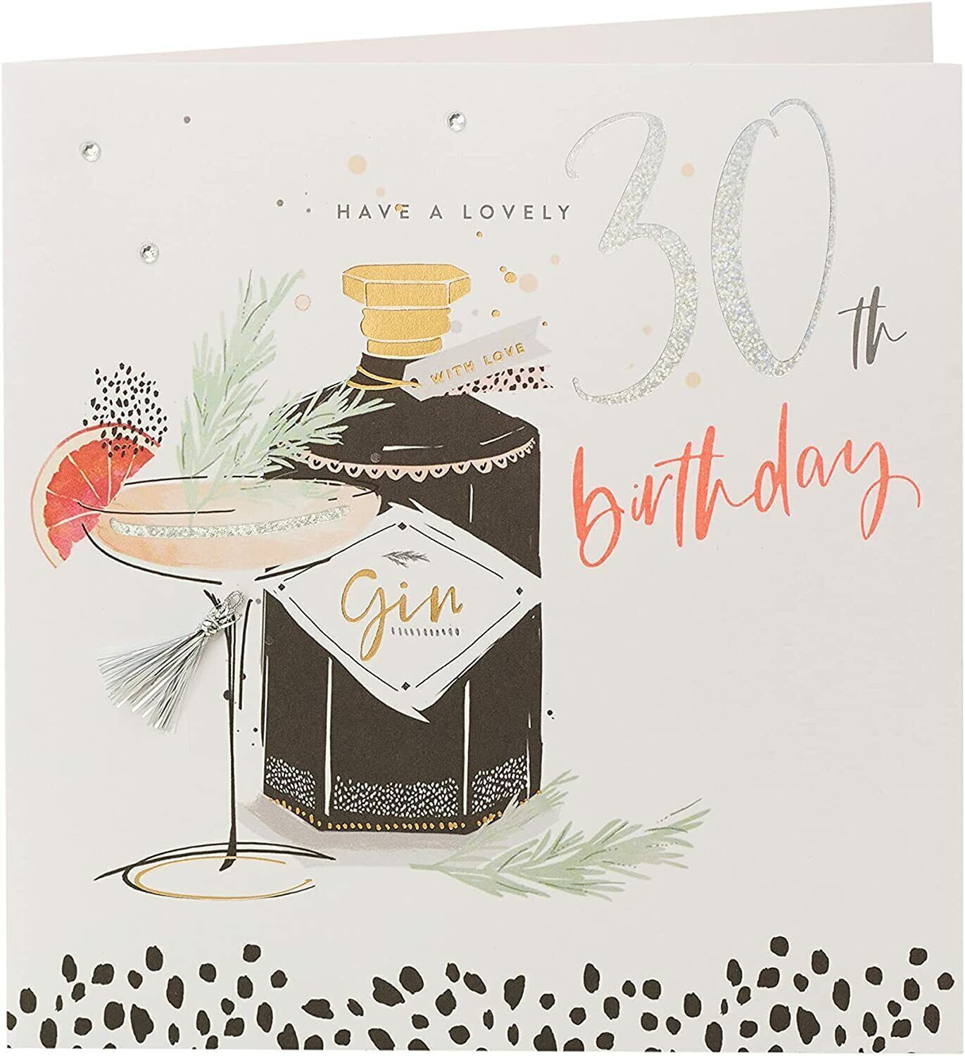 Neon Lustre 30th Birthday Gin greeting card by UK Greetings featuring vibrant neon design and celebratory message.