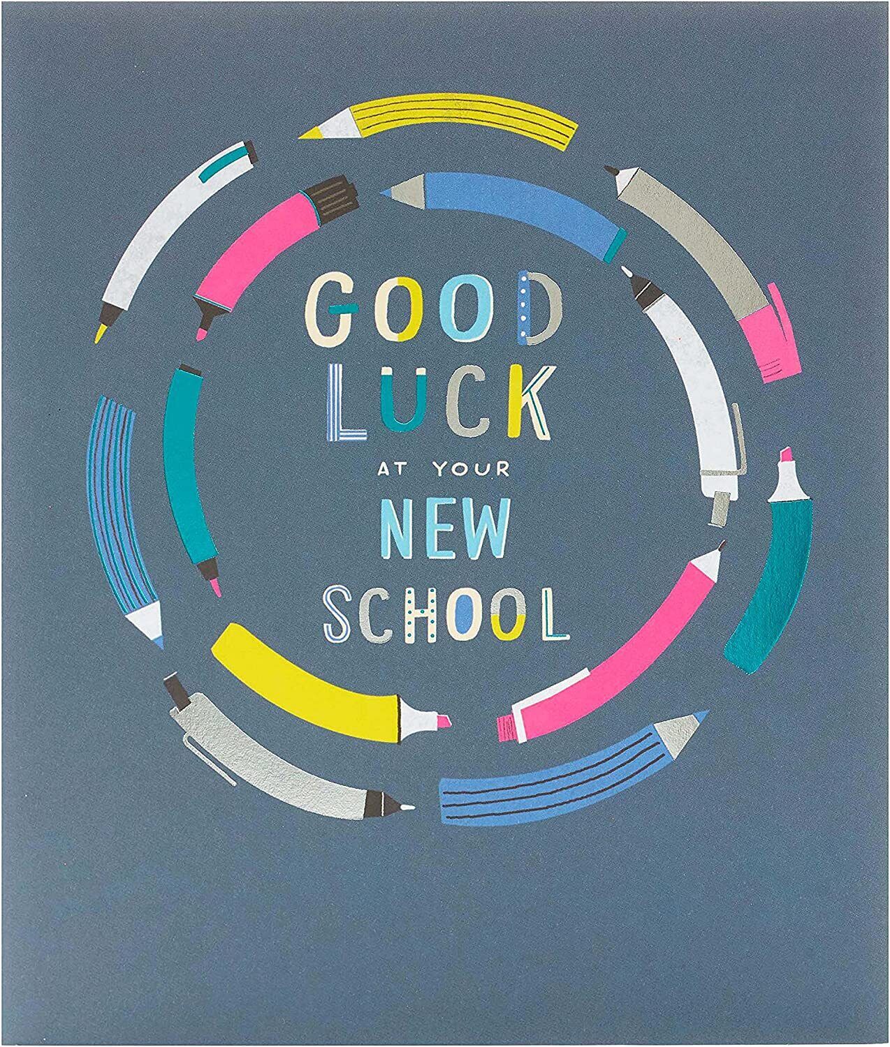 Colorful Neon Pencils New School Good Luck greeting card by UK Greetings featuring vibrant pencil illustrations and cheerful design.