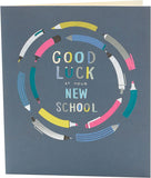 Neon Pencils New School Good Luck greeting card by UK Greetings featuring colorful pencil illustrations on a cheerful background.