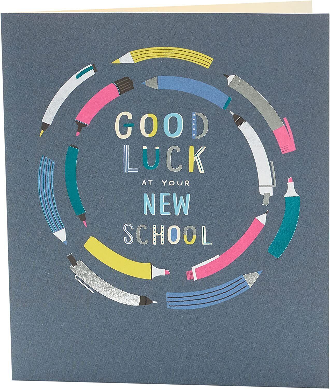 Neon Pencils New School Good Luck greeting card by UK Greetings with colorful pencil illustrations on the front.