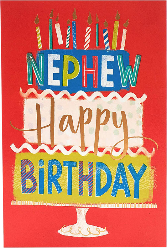 Colorful Nephew birthday greeting card featuring a cake with candles and playful design by UK Greetings.