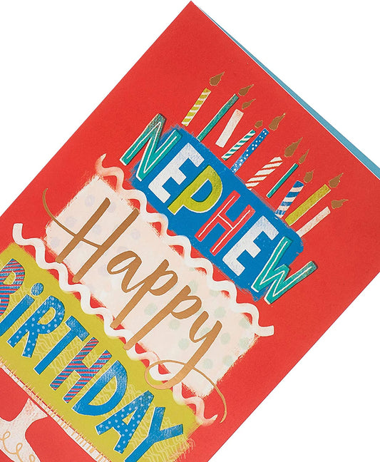 Nephew birthday greeting card featuring colorful cake and candles from UK Greetings, with festive and fun design.