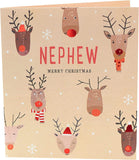 Nephew Christmas greeting card featuring a reindeer with red foil design, festive holiday imagery, and UK Greetings branding.