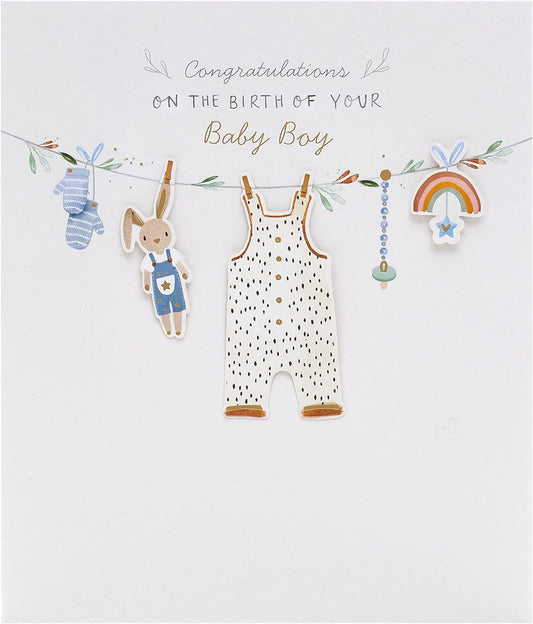 New baby boy greeting card featuring a washing line design, perfect for celebrating a recent arrival. UK Greetings card.