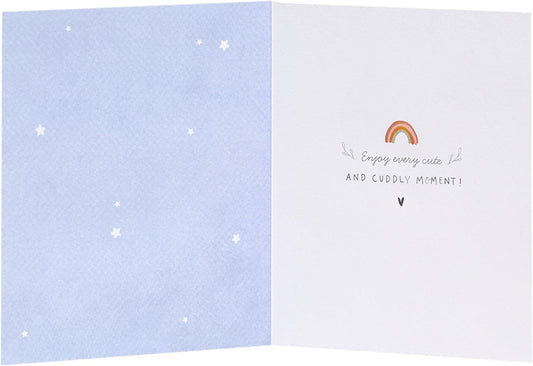 New baby boy greeting card with washing line design, featuring adorable illustrations for celebrating a baby boy event.