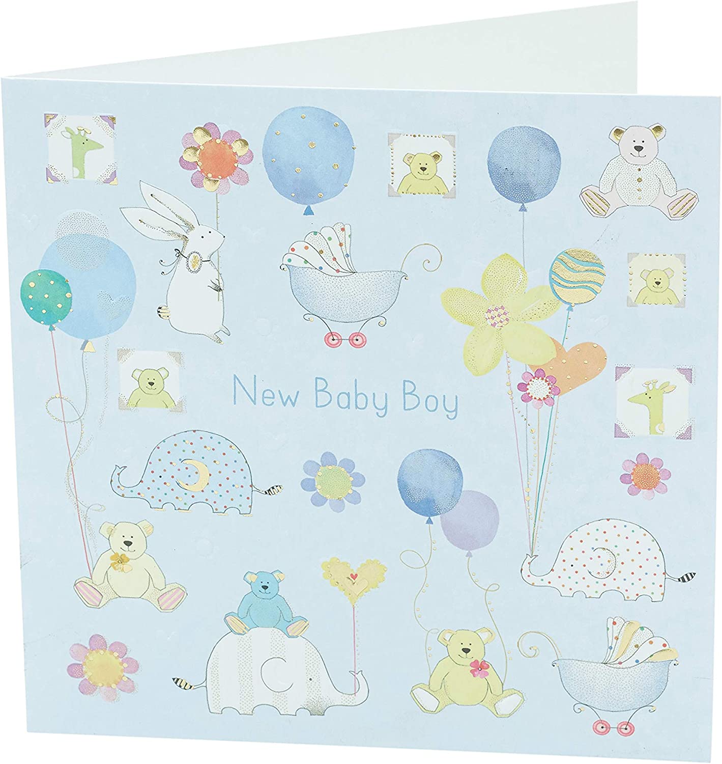 New baby boy embossed foil greeting card with cheerful design from UK Greetings, featuring celebratory motifs.
