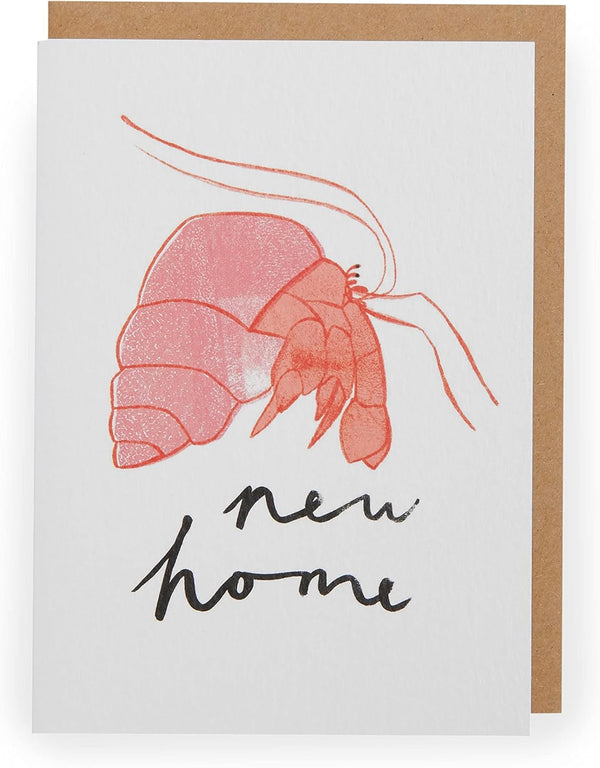 UK Greetings New Home Crab greeting card featuring a cheerful crab illustration on a white background.