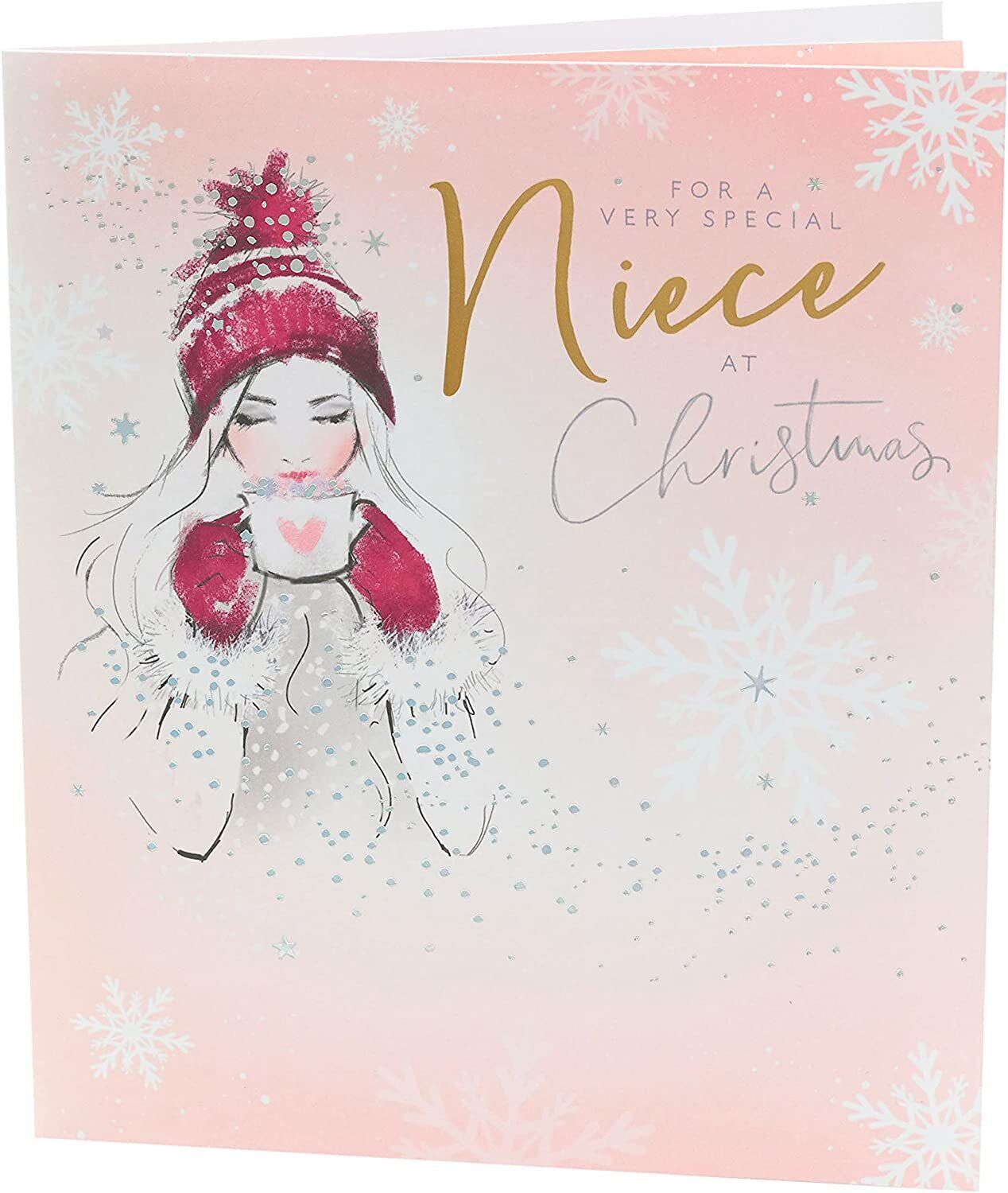 Niece Christmas greeting card with a charming chocolate girl foil design, featuring festive holiday imagery and vibrant colors.