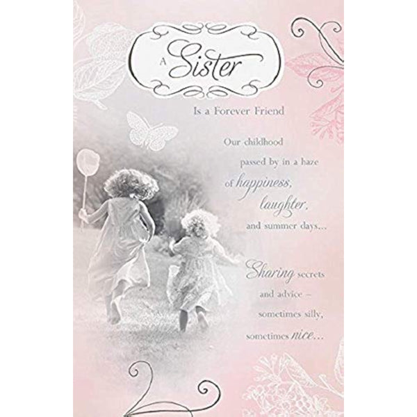 UK Greetings nostalgic sister childhood memories verse greeting card with heartfelt message and vintage design.