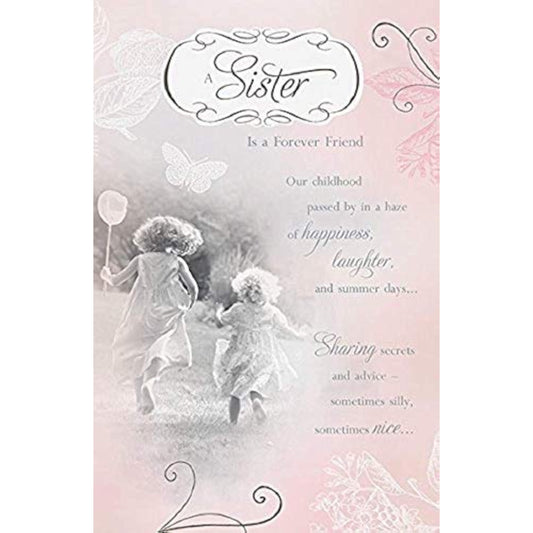 UK Greetings nostalgic sister childhood memories verse greeting card with heartfelt message and vintage design.