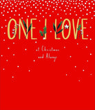 Holiday greeting card featuring festive "One I Love at Christmas" message from UK Greetings with seasonal design.