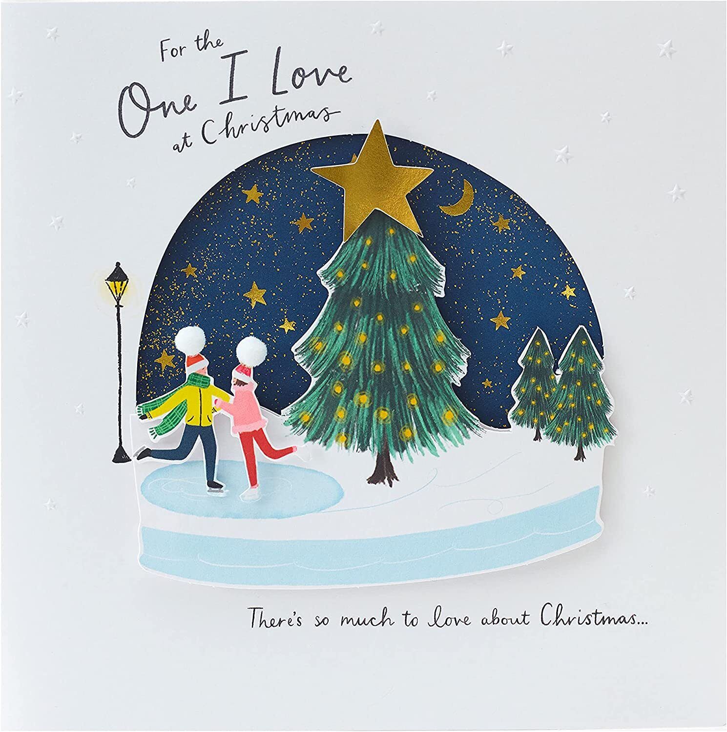Romantic Christmas greeting card featuring a snow globe design, ideal for expressing love during the holiday season.
