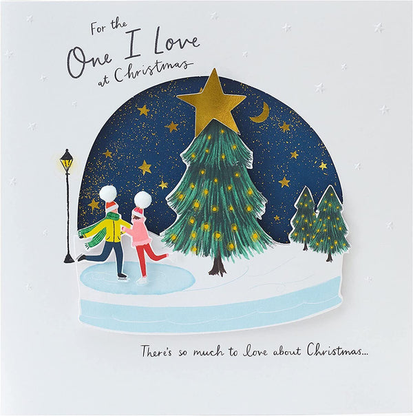 Romantic Christmas greeting card featuring a snow globe design, ideal for expressing love during the holiday season.