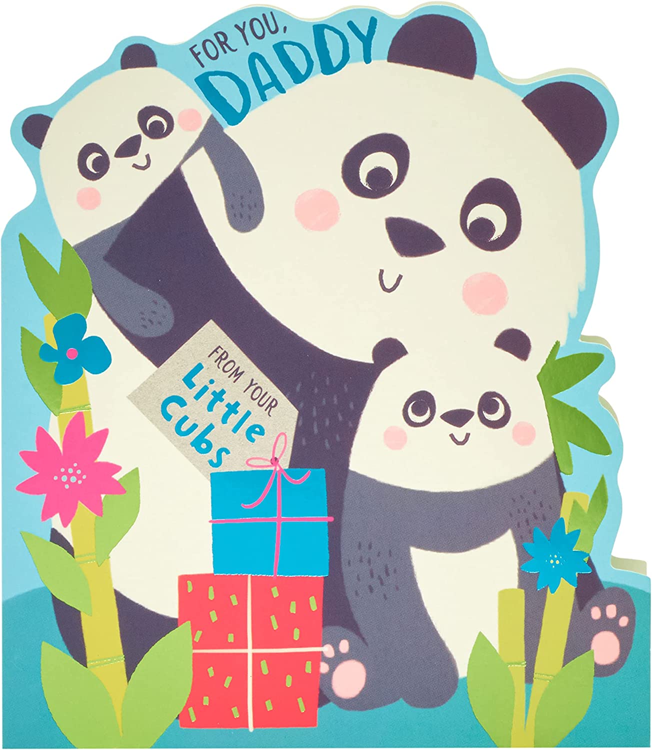 Cute panda-themed Father's Day greeting card from kids, featuring playful panda illustrations for dad from UK Greetings.