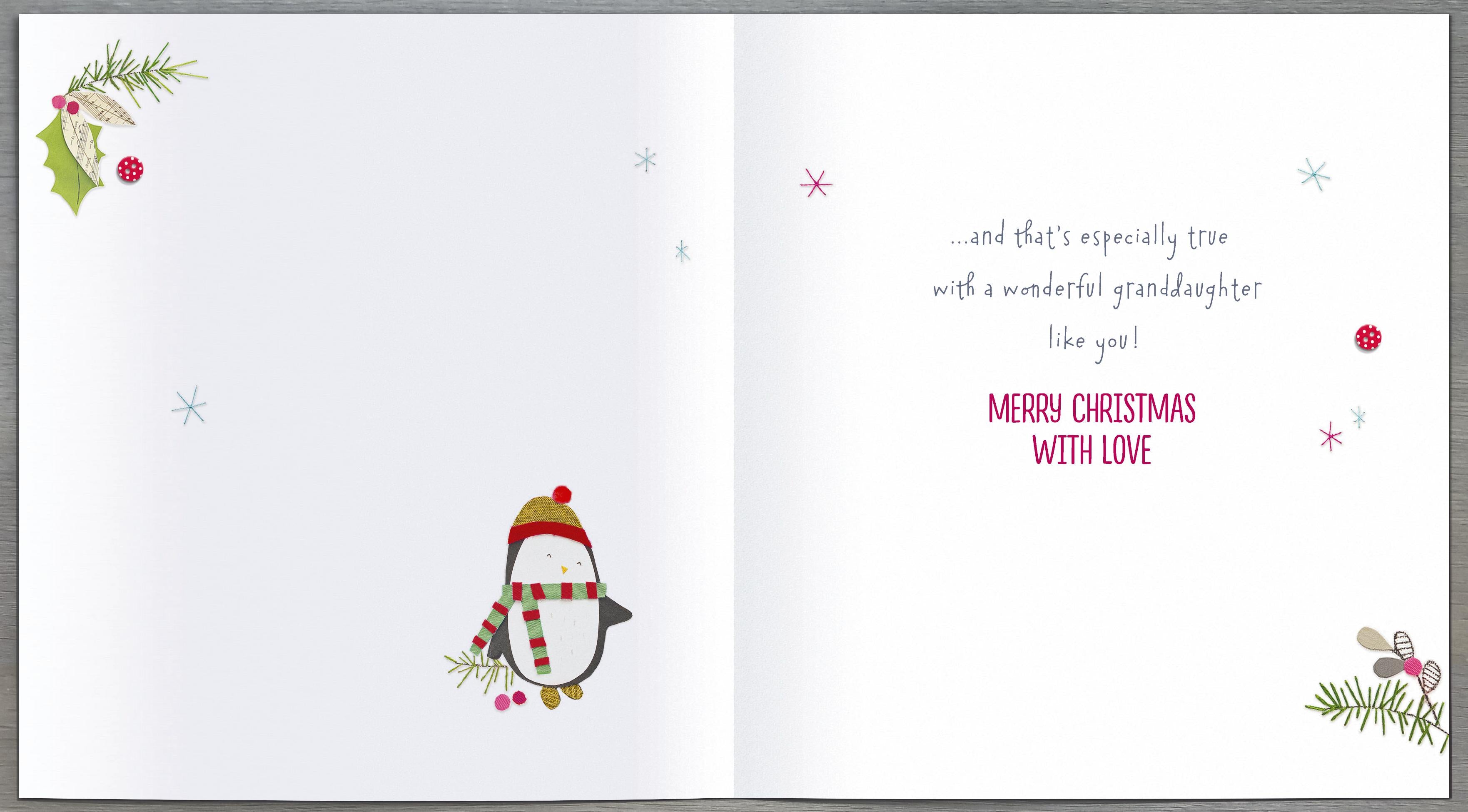 Penguin and present Christmas greeting card for granddaughter by UK Greetings featuring festive holiday design.