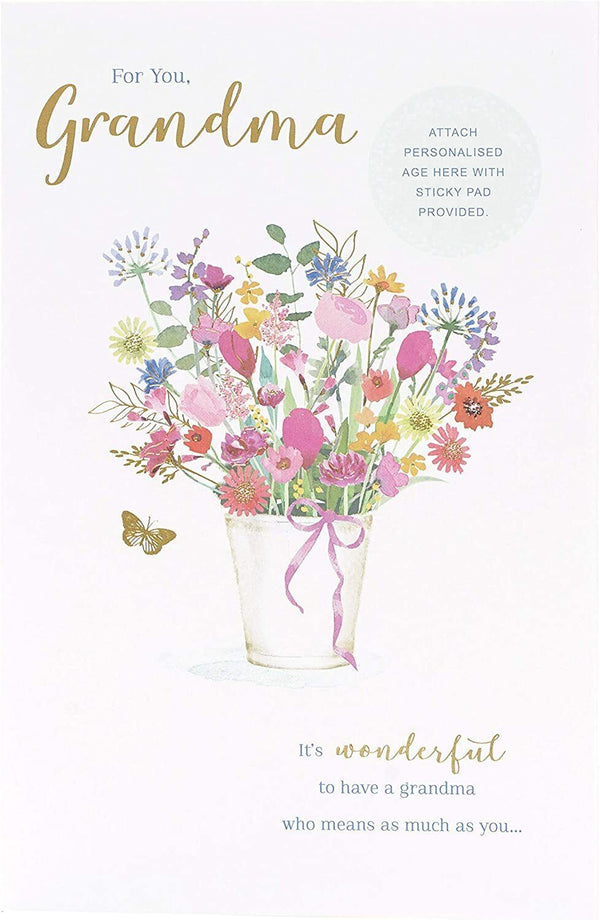 Personalized Grandma milestone birthday greeting card with floral design, from UK Greetings, featuring custom text for special occasion.