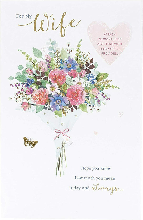 Personalized Wife Milestone Birthday Card from UK Greetings featuring colorful floral design and heartfelt message.