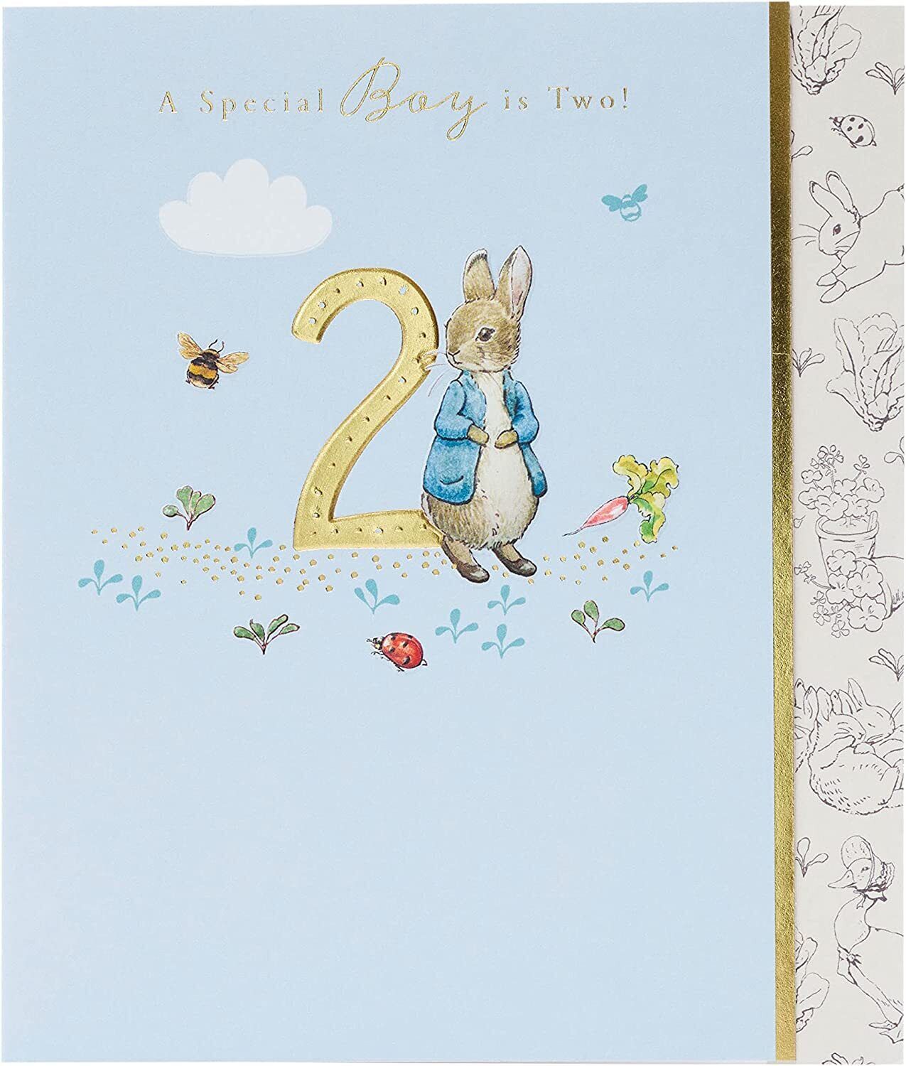 Peter Rabbit "A Special Boy Is Two!" greeting card by UK Greetings, featuring colorful illustrations of Peter Rabbit for a child's birthday.