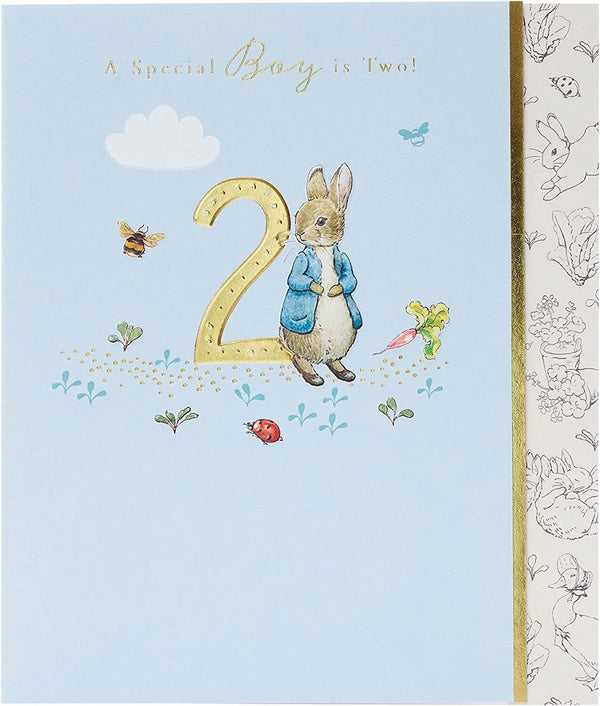 Peter Rabbit "A Special Boy Is Two!" greeting card by UK Greetings, featuring colorful illustrations of Peter Rabbit for a child's birthday.