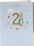 Peter Rabbit "A Special Boy Is Two" greeting card by UK Greetings, featuring colorful illustrations for a child's birthday celebration.