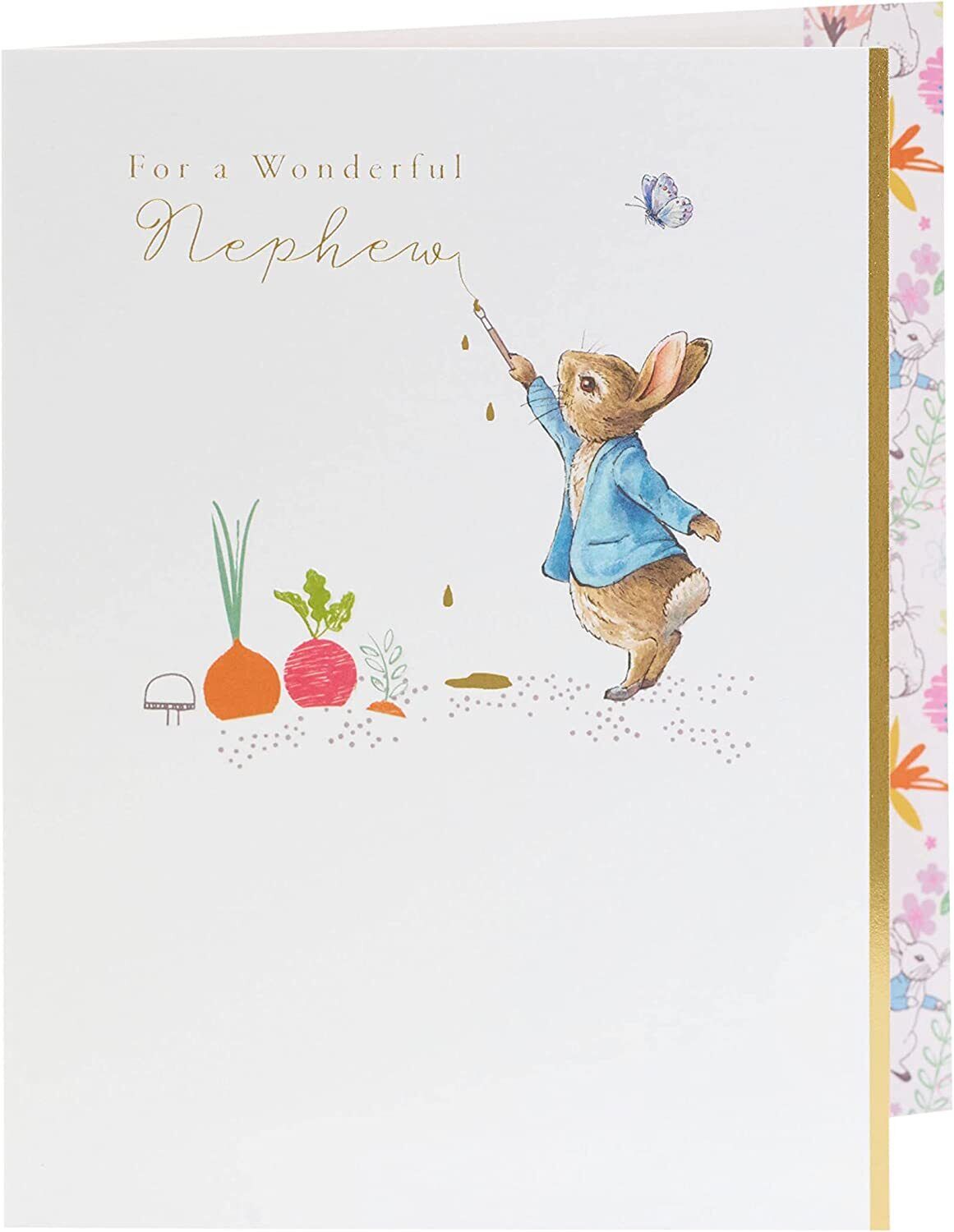 Peter Rabbit nephew birthday greeting card from UK Greetings featuring colorful illustrations of Peter Rabbit on the front.