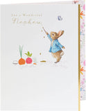 Peter Rabbit nephew birthday greeting card from UK Greetings featuring colorful illustrations of Peter Rabbit on the front.