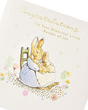 Peter Rabbit new baby congratulations greeting card by UK Greetings, featuring adorable illustration perfect for celebrating a new arrival.