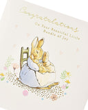 Peter Rabbit new baby congratulations greeting card by UK Greetings featuring adorable illustrated bunny design.